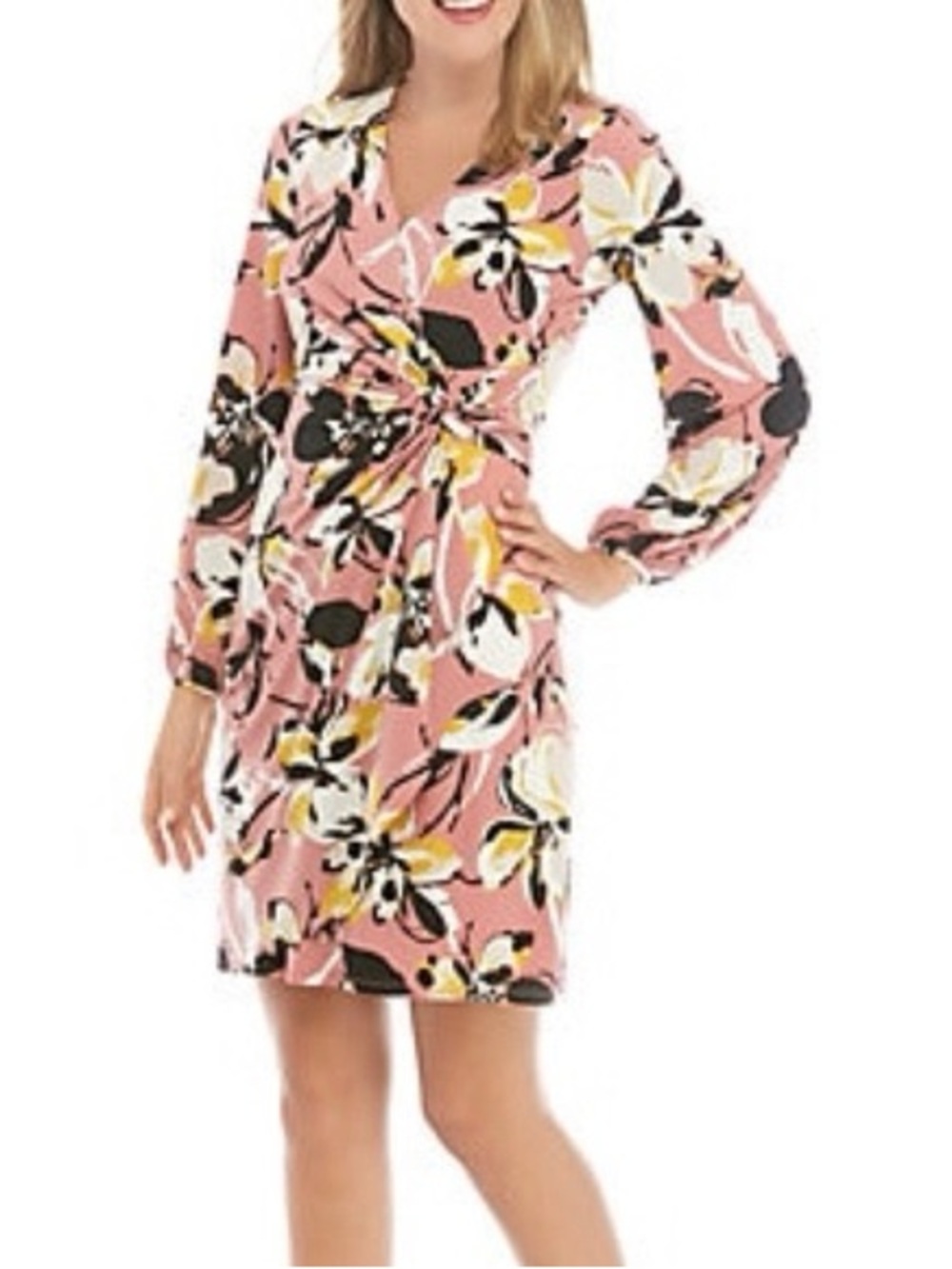 The Limited Pink Floral Faux Wrap Long Sleeve Split V-Neck Draped Midi Dress M